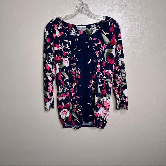 JM Collection Tops - JM Collection Navy Blue Floral Tunic Blouse Size Small